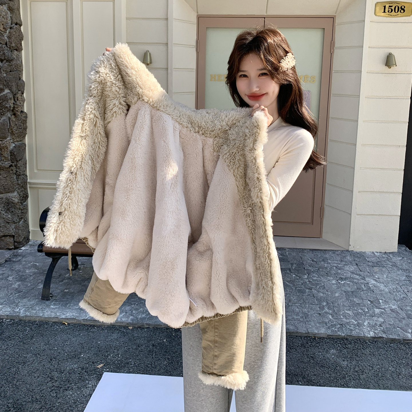 卡其色羊羔毛领派克服女冬小个子加绒加厚宽松棉服高级感保暖外套,女装棉衣/棉服,2C166