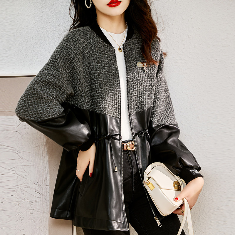 小香风拼接皮衣外套女2025年春秋新款韩版显瘦中长款时髦百搭外套图片