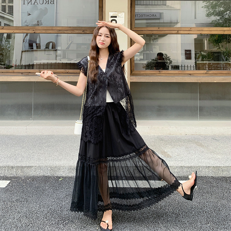 法式提花马甲蕾丝半身裙两件套女2025夏季新款网纱拼接裙子套装,女装套装/套裙,1D066-1