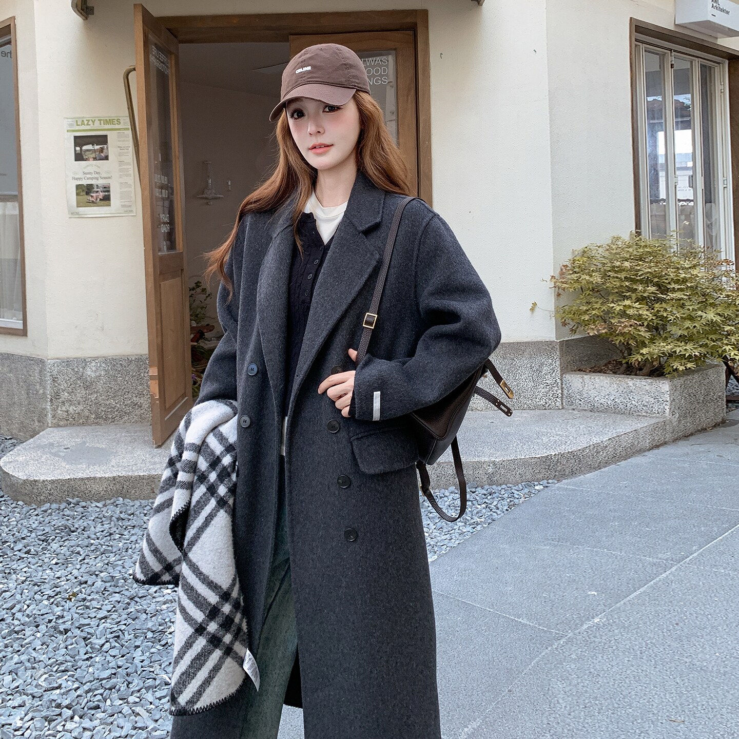 深灰色翻领双面羊绒大衣女2025冬季新款韩版高级感双排扣毛呢外套,女装毛呢外套,2D145