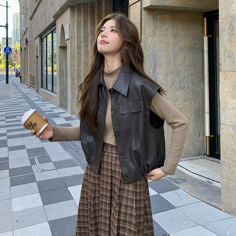 美式复古皮衣马甲女2025秋季新款高级感时尚百搭小个子短款外套潮,女装皮衣,2C215