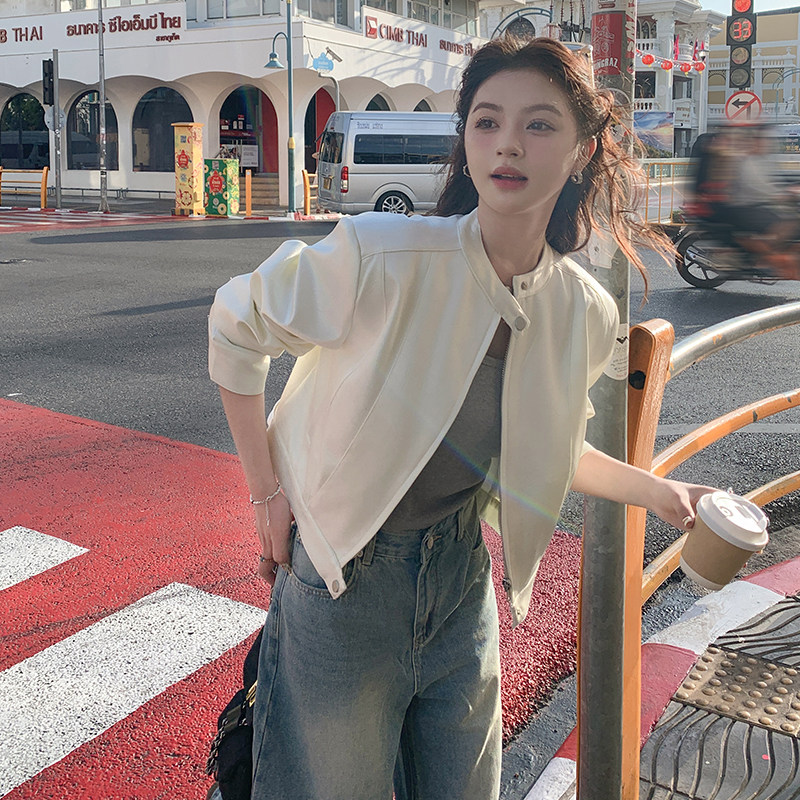 白色皮衣外套女2025新款春季高级修身短款小个子机车显瘦夹克,女装短外套,2C093