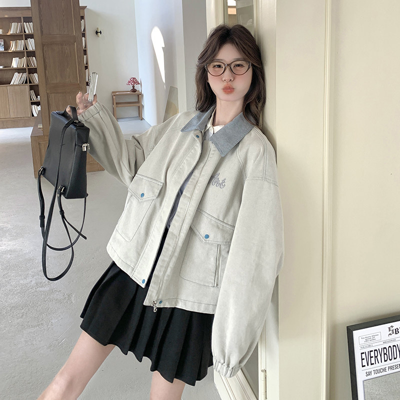 美式拼接牛仔外套女2025春季新款小众设计感韩系时尚复古休闲夹克图片