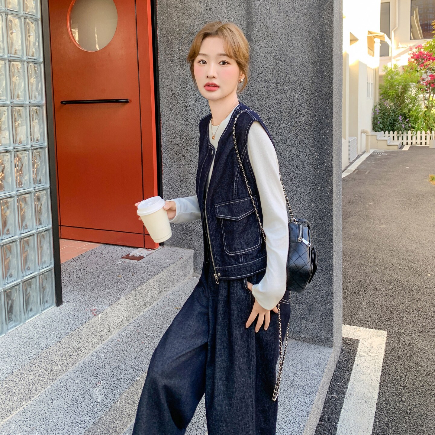 学院风减龄T恤牛仔马甲套装女2025秋新款复古小个子阔腿裤三件套,女装套装/套裙,2C166