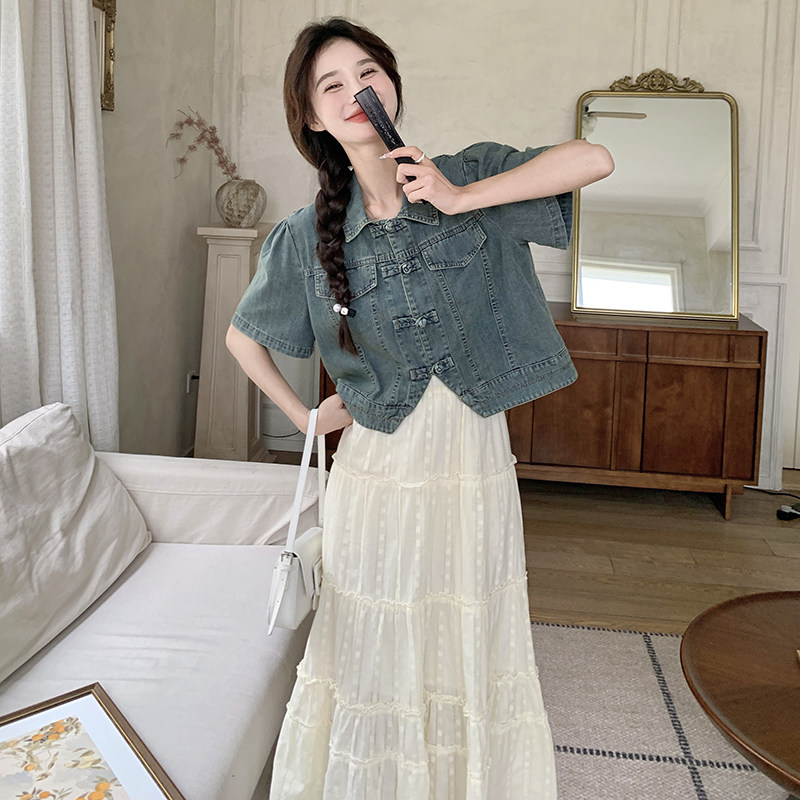 新品新中式风牛仔短袖上衣半身裙两件套2575-P135-K198,女装套装/套裙,2C159