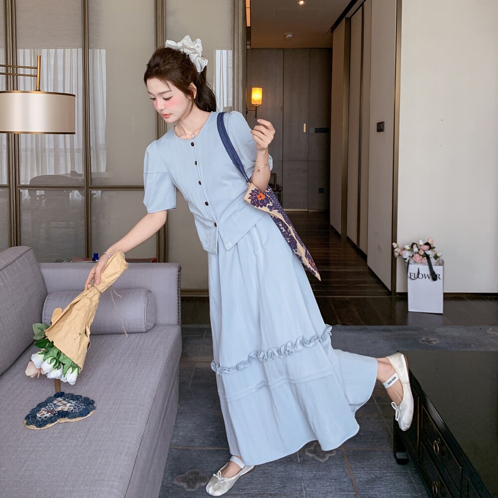 短袖拼接百搭风女装法式裙子收腰休闲风时尚套装夏装甜美套装显瘦图片