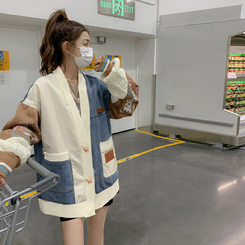 牛仔拼接毛衣开衫女宽松针织袖外套女2C112-CF66-P140-K198,女装毛呢外套,2C112