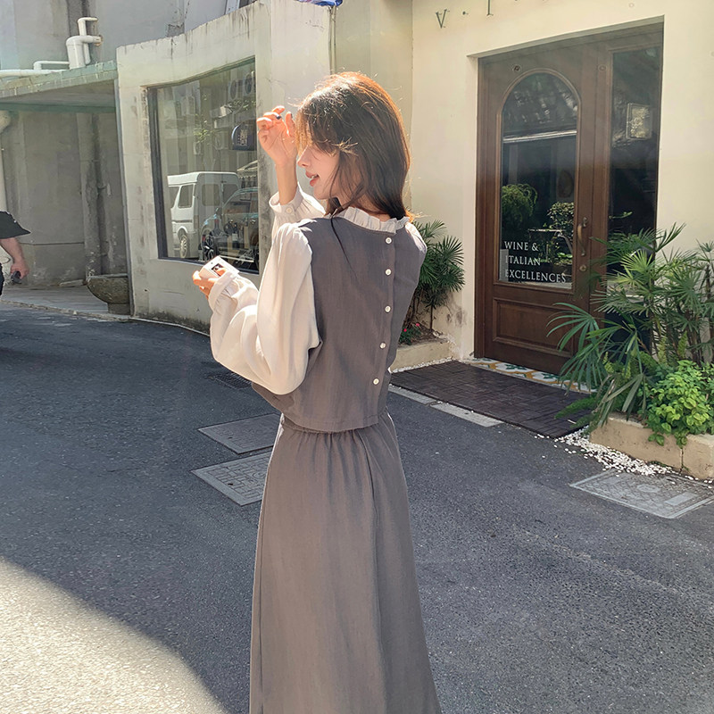 赫本风假两件长袖连衣裙女2024早秋新款法式收腰显瘦衬衫气质裙子,女装套装/套裙,2C057