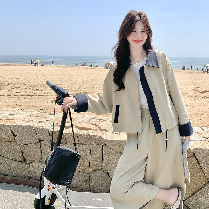复古休闲浅卡其色工装夹克外套裤子套装女2026秋季时尚减龄两件套,女装套装/套裙,2C159