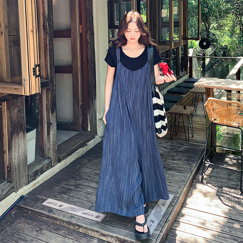 法式复古休闲背带裤T恤套装女2025夏新款慵懒风上衣阔腿裤两件套,女装休闲裤,2D009