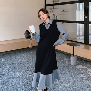 法式气质假两件衬衫连衣裙女2025春秋季新款韩版收腰显瘦盐系长裙图片