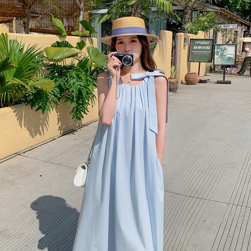 小清新蓝色无袖挂脖连衣裙女夏2025新款法式气质绝美宽松背心长裙,女装连衣裙,2C087