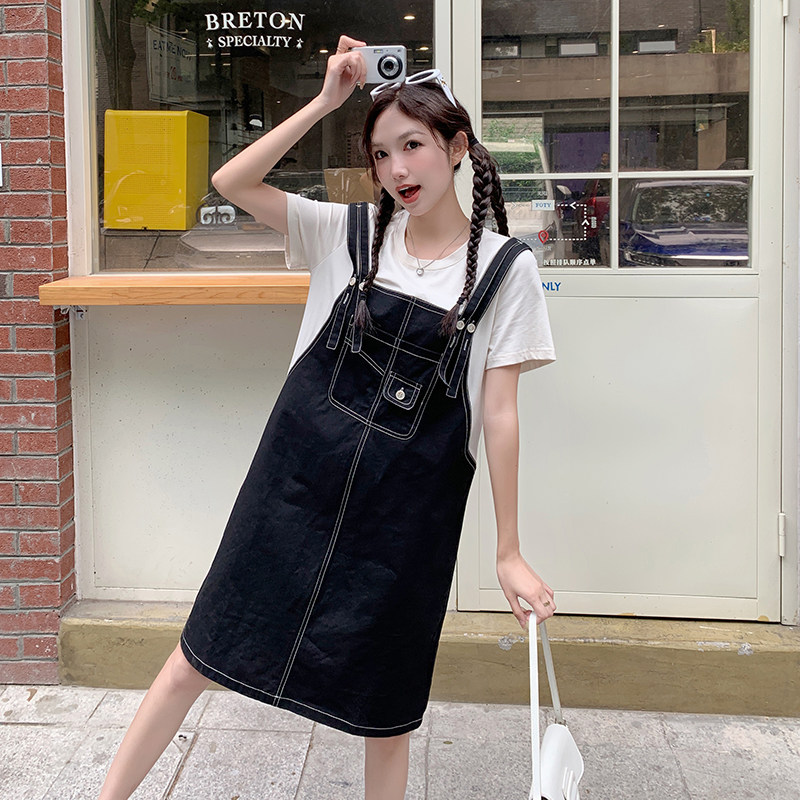 设计感假两件黑色背带裙夏季新款可盐可甜休闲显瘦小个子连衣裙女,女装连衣裙,2C053