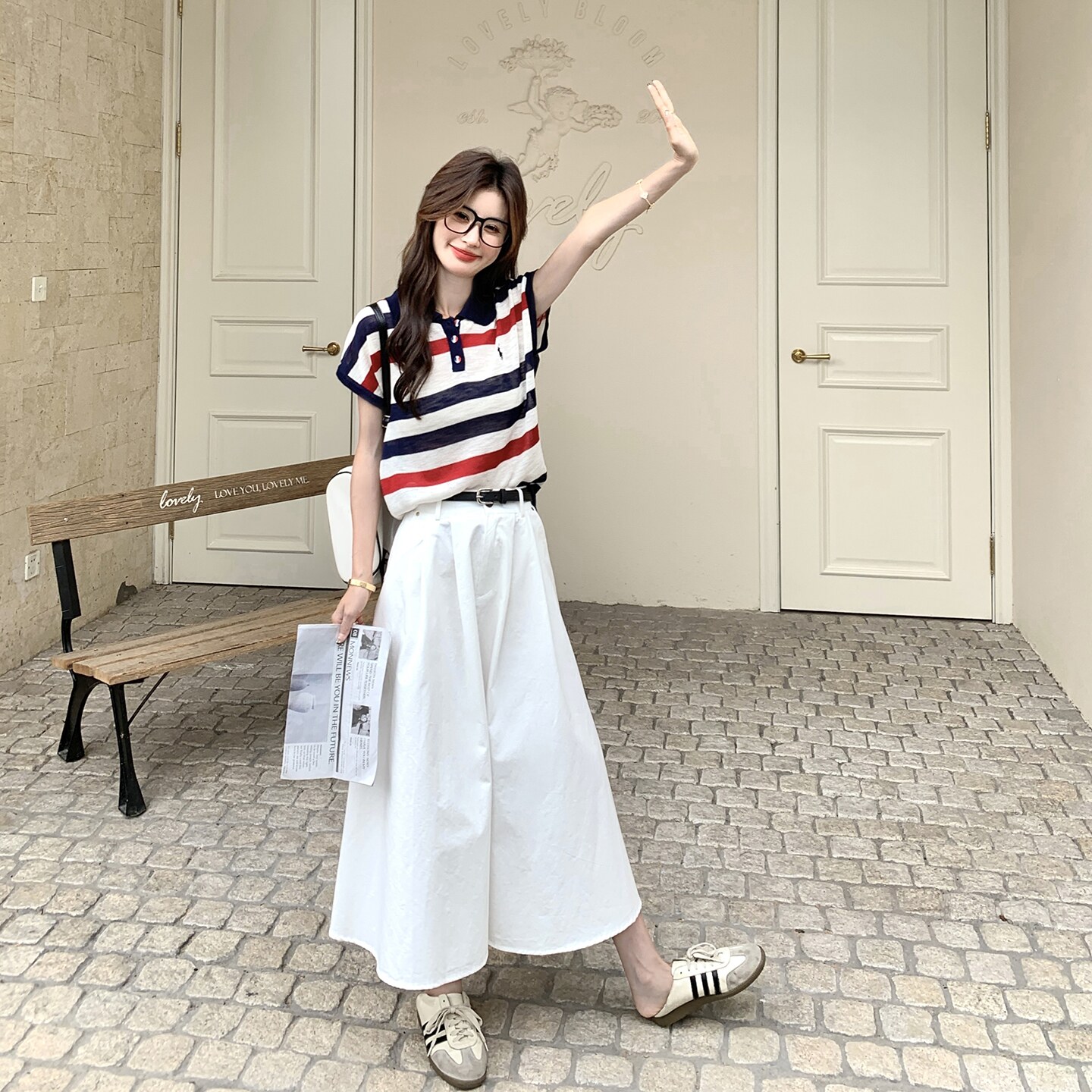 美式学院风条纹polo领上衣套装裙女2025夏季新款休闲半身裙两件套,女装套装/套裙,2C166