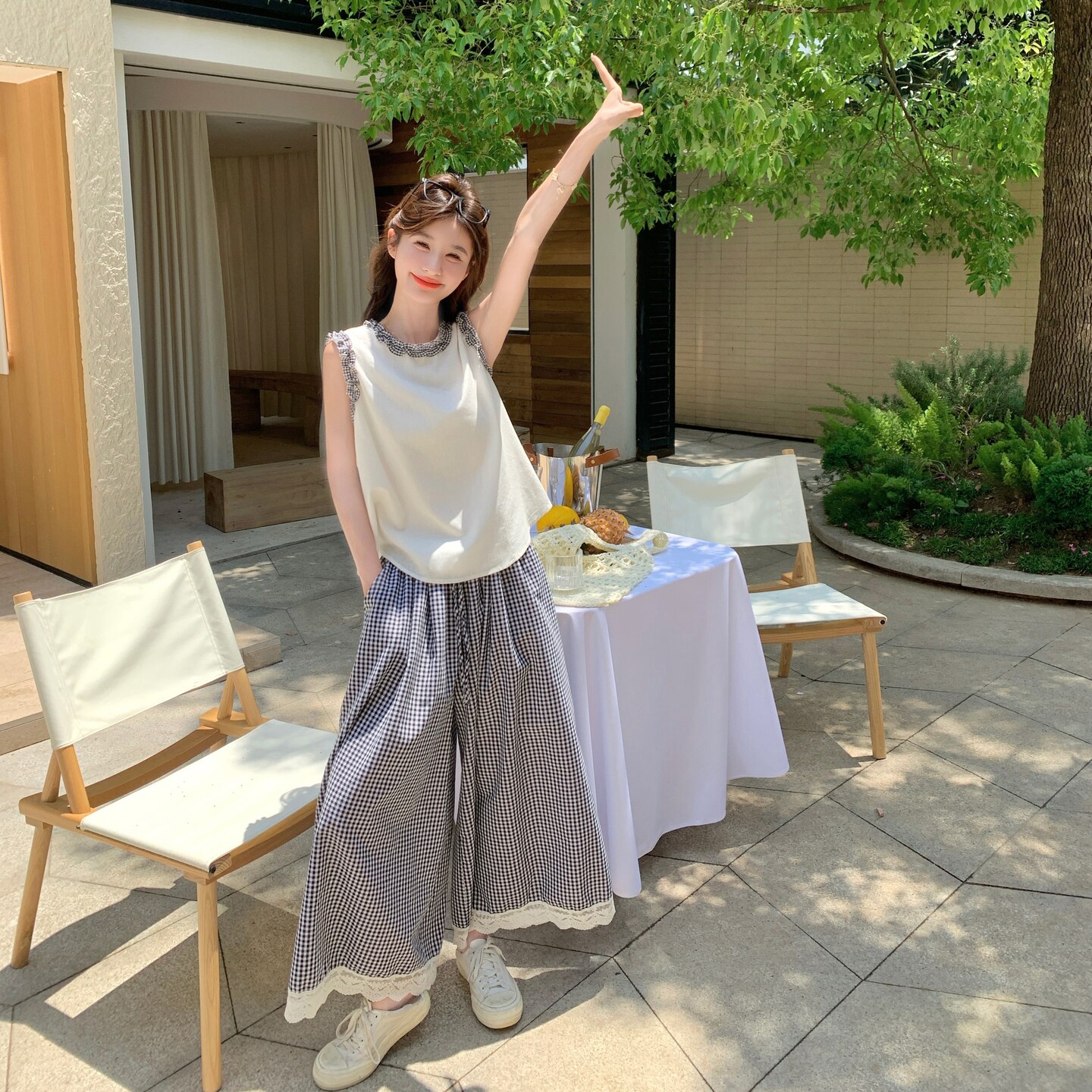 日系慵懒风木耳边背心格子阔腿裤套装女2025夏季新款小个子两件套,女装套装/套裙,2C298