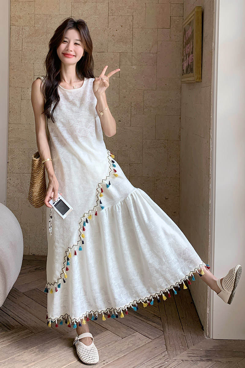 【现货数据好】夏绝美流苏连衣裙浪漫度假长款蕾丝不规则连衣裙女,女装连衣裙,2C238