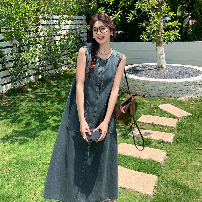 港风复古盐系减龄牛仔背心连衣裙女2025夏季新款韩版宽松显瘦长裙,女装连衣裙,2C022