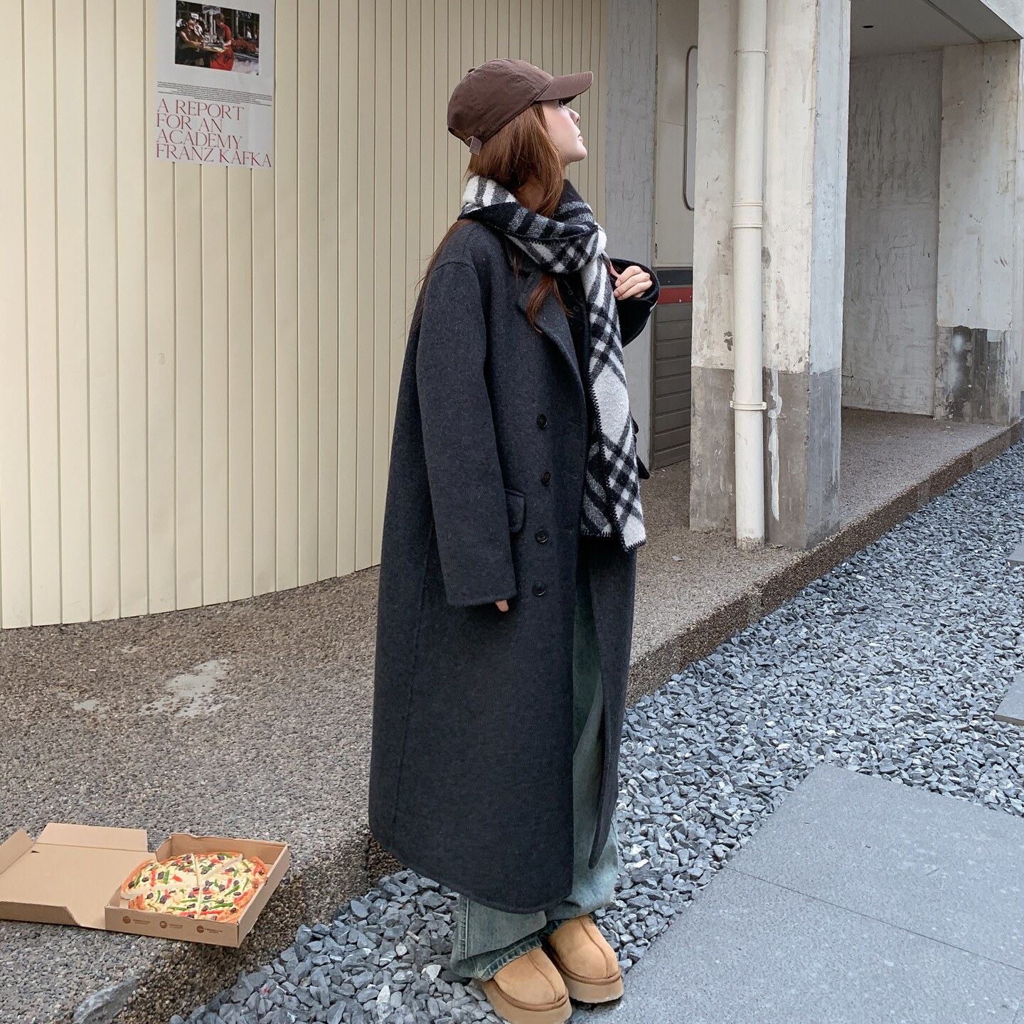 深灰色翻领双面羊绒大衣女2025冬季新款韩版高级感双排扣毛呢外套,女装毛呢外套,2D145