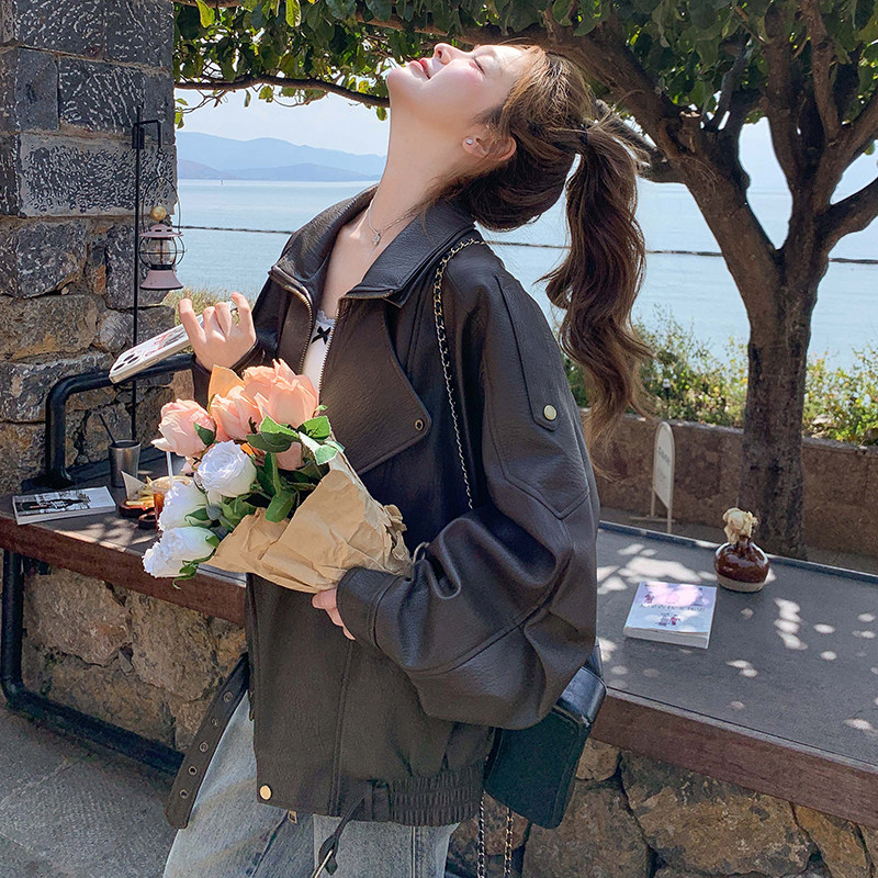 酷飒拽姐复古机车皮衣外套女春秋新款爆款高级感宽松百搭短款夹克,女装皮衣,2C375