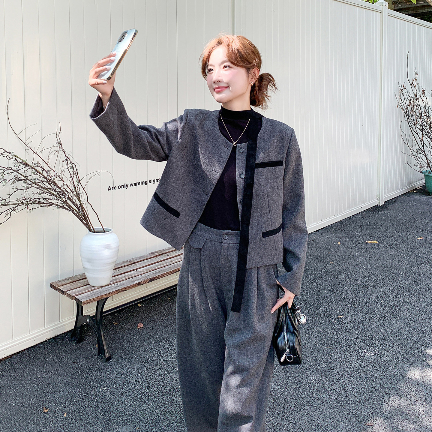 氛围感减龄毛呢外套女秋季2025新款韩版通勤风松弛感阔腿裤两件套,女装套装/套裙,2B146