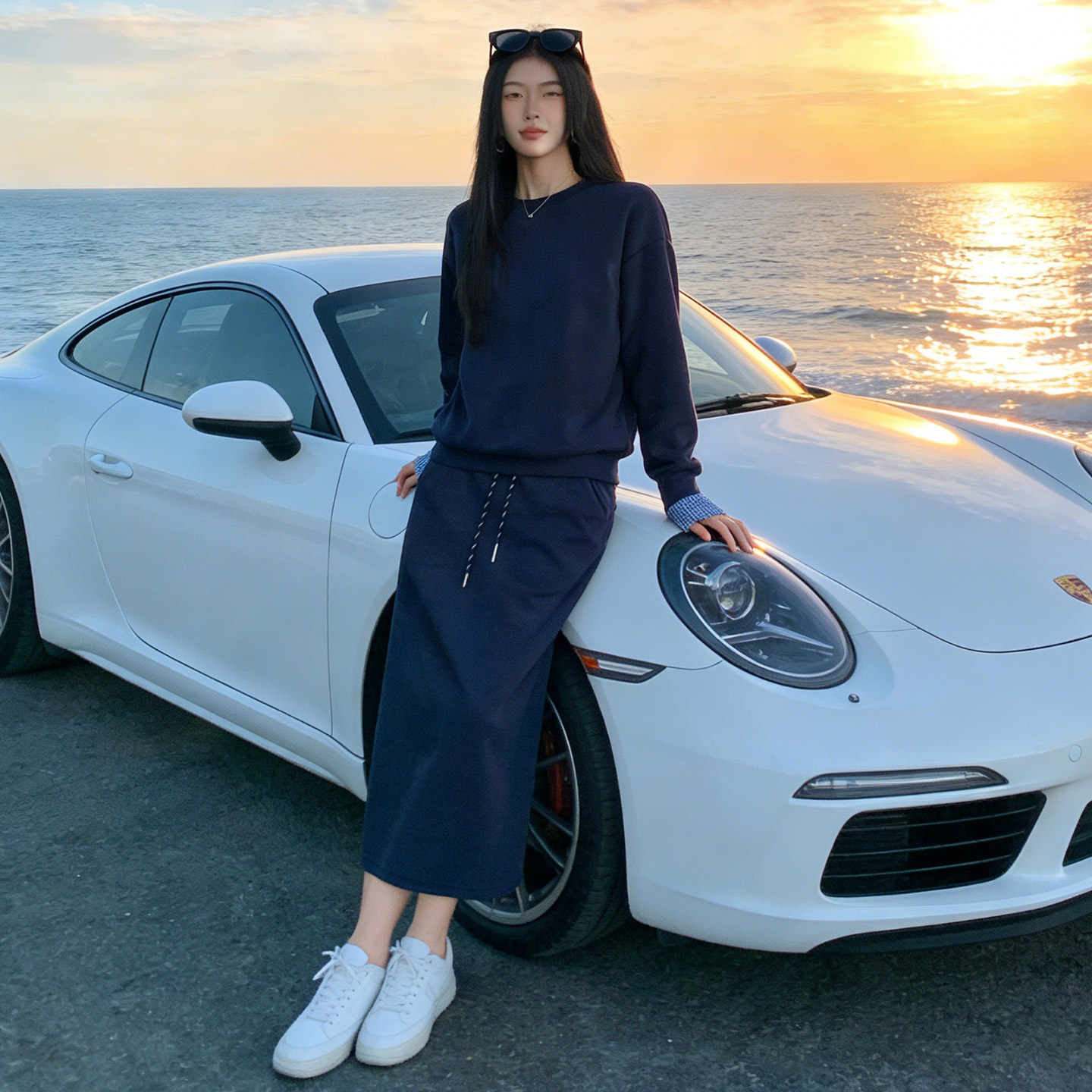 欧系洋气时尚高级感套装女春袖口拼接色设计圆领卫衣半身裙两件套,女装套装/套裙,2C310