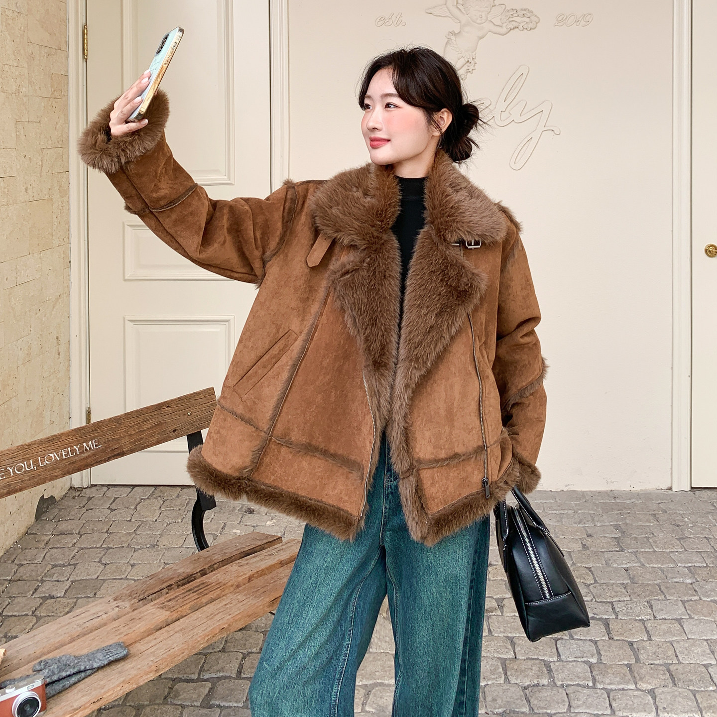 复古风皮毛一体机车短外套女冬季立领加厚保暖羊羔毛绒夹克棉服,女装棉衣/棉服,2C166