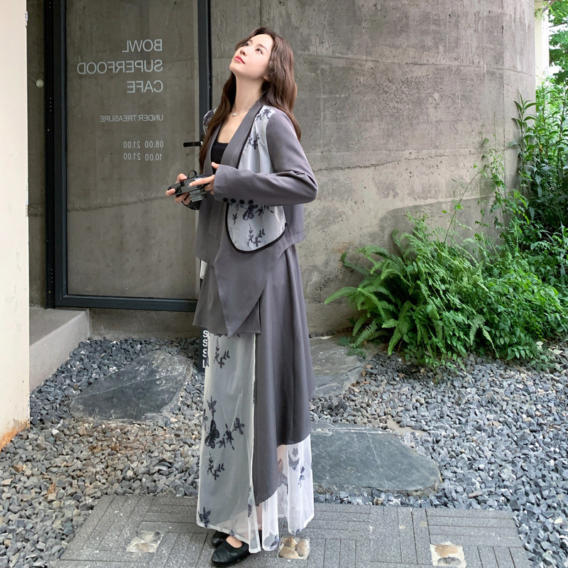 深灰色西装网纱碎花拼接套装裙女秋季2025新款不规则半身裙两件套,女装套装/套裙,2C230