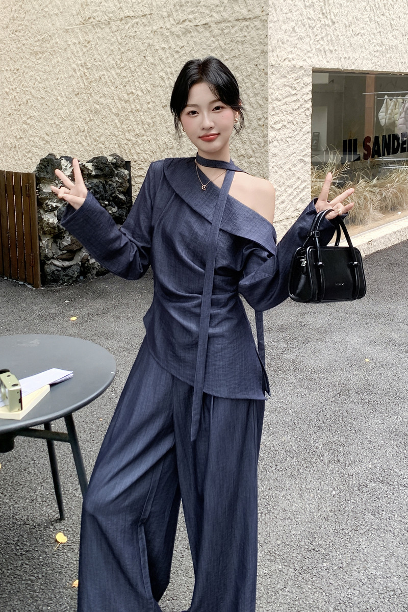 休闲藏青色露肩衬衫阔腿裤套装女春秋俏皮活泼又a又飒御姐两件套,女装套装/套裙,2C159