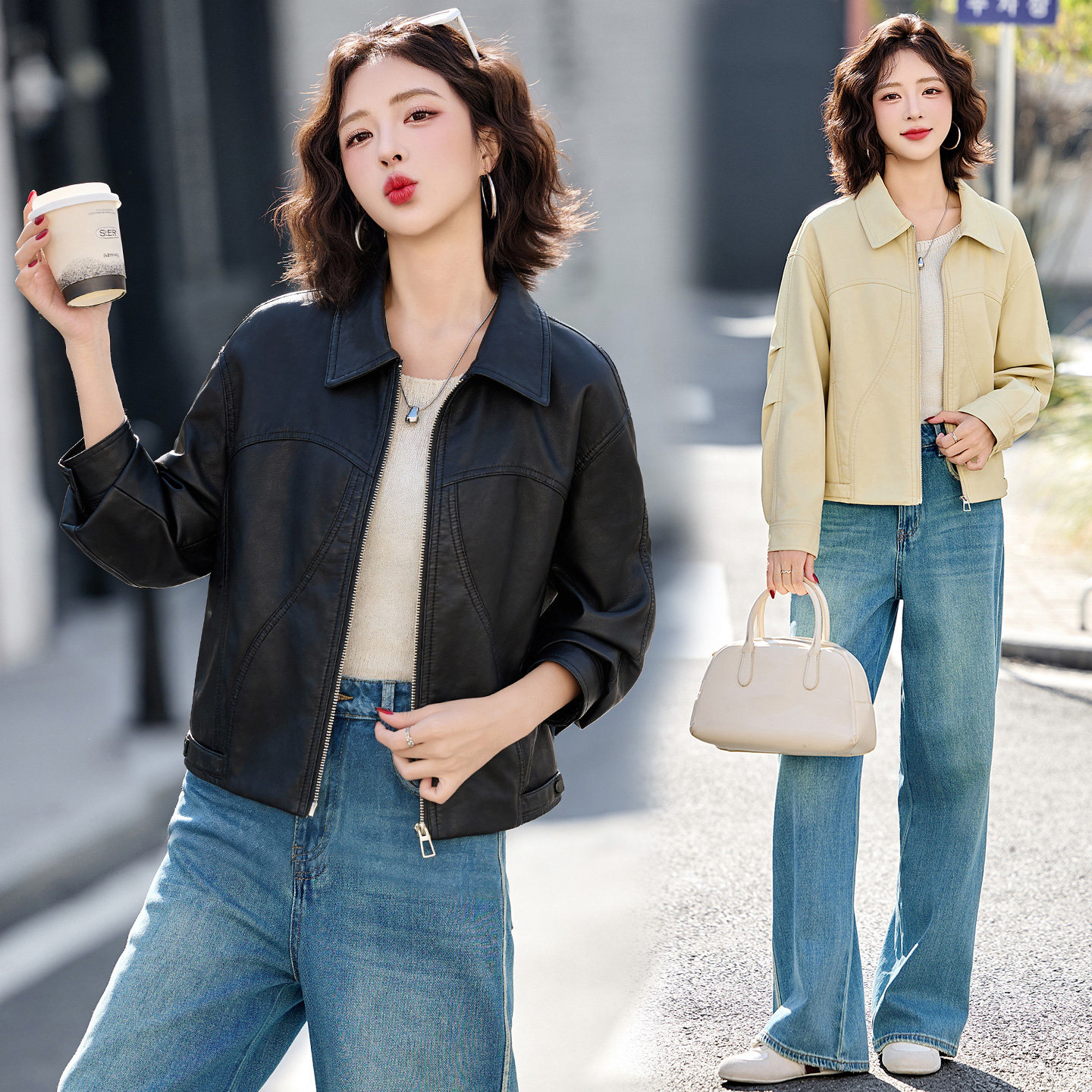2026春季新款现货翻领高级感时髦干练休闲短款宽松皮衣小外套,女装短外套,英标秀（1C119）