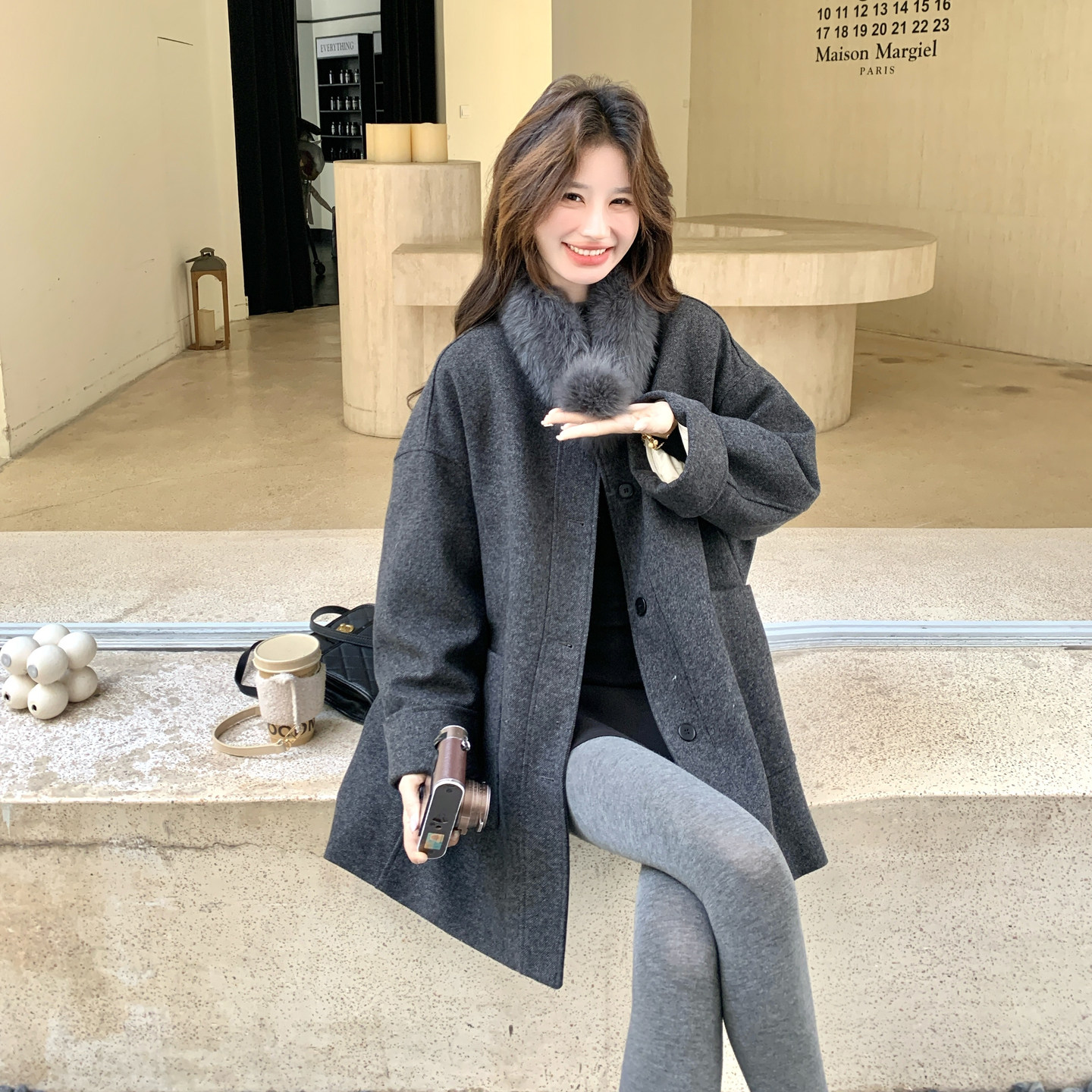 轻奢老钱风灰色毛呢大衣女冬季气质宽松中长款羽绒服羊毛外套,女装羽绒服,2C166