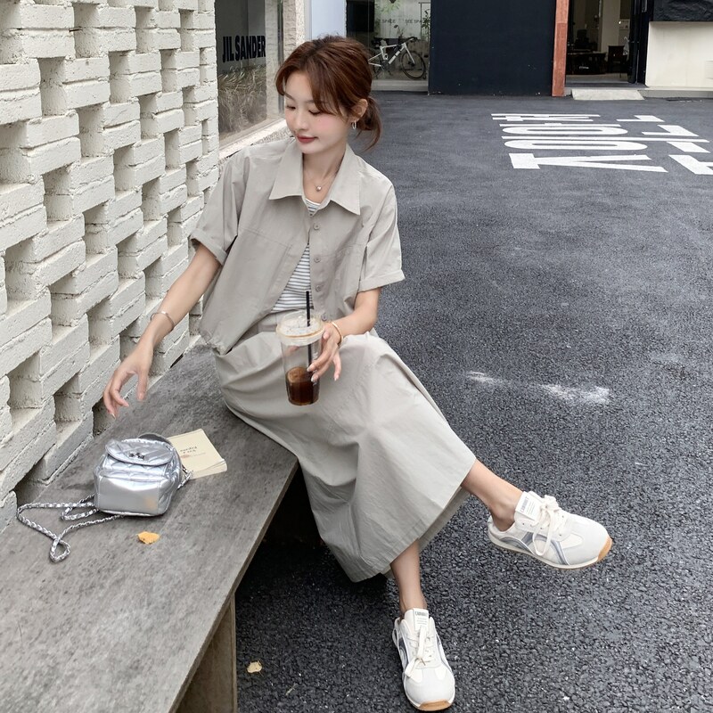 韩系复古休闲套装裙女2025夏季新款简约百搭衬衫高腰半身裙两件套,女装套装/套裙,2C259
