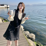 粗花呢木耳边法式气质女2025宽松春秋现货两件套感背心裙长袖，女装套装/套裙，2C166
