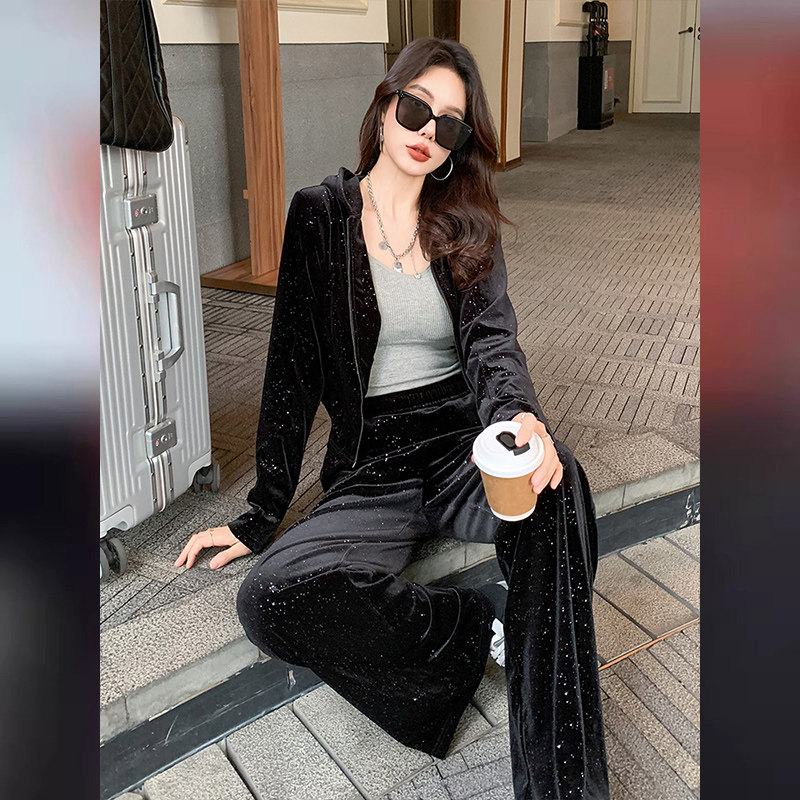 高级感丝绒休闲运动套装女春新款拉链开衫连帽烫钻上衣阔腿裤套装,女装套装/套裙,2C310