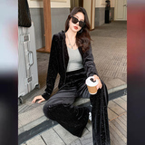 高级感丝绒休闲运动套装女春新款拉链开衫连帽烫钻上衣阔腿裤套装，女装套装/套裙，2C310
