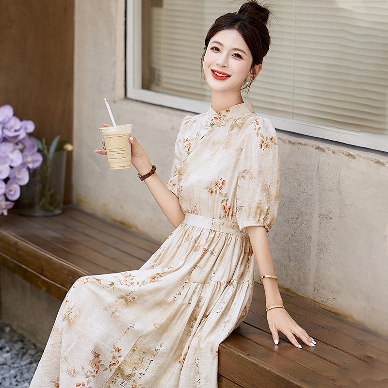 2025夏季新中式连衣裙长款印花盘扣立领,女装连衣裙,2C290