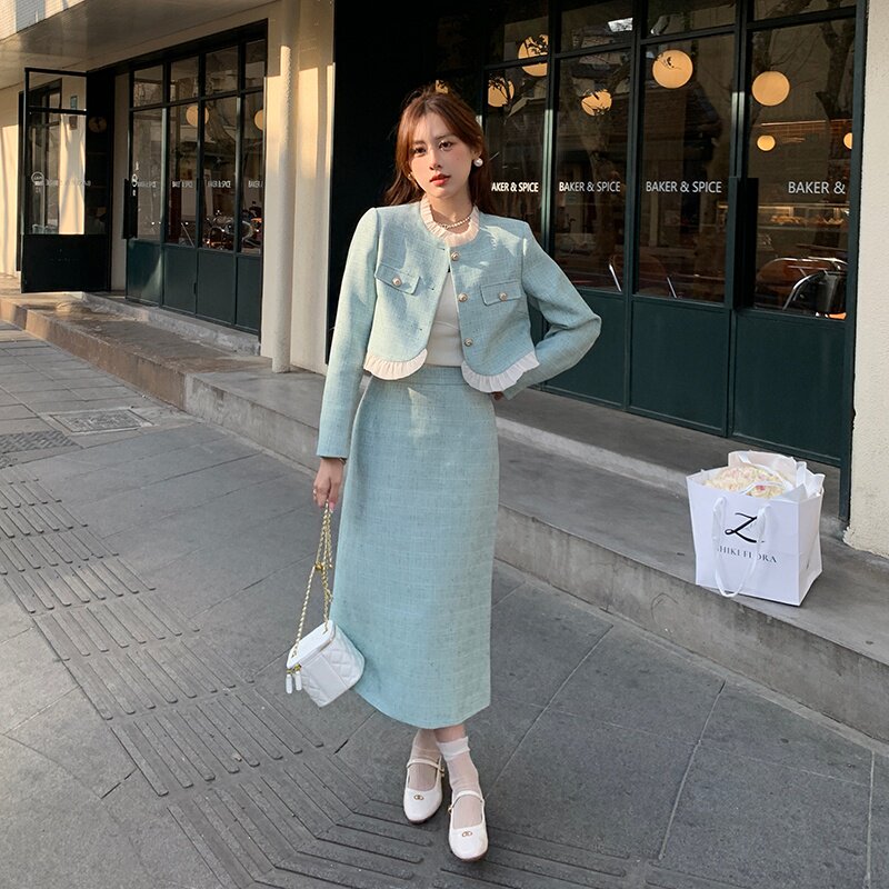 韩系高级感穿搭小香风套装女春秋2025新款气质千金半身长裙两件套,女装套装/套裙,2C203