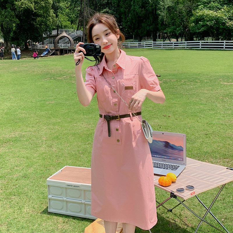 粉色设计感披肩衬衫连衣裙女2025夏季新款韩版小个子收腰显瘦长裙,女装连衣裙,2C316