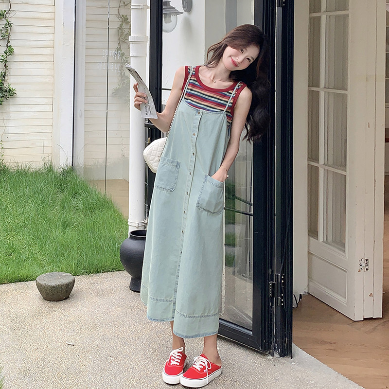 彩色条纹背心T恤牛仔背带裙女夏季宽松休闲无袖连衣裙两件套,女装连衣裙,2C166
