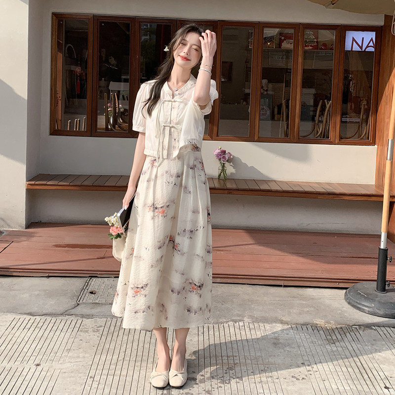 新中式国风水墨画吊带长裙套装女2025夏季新款显瘦开衫上衣两件套,女装连衣裙,2C266