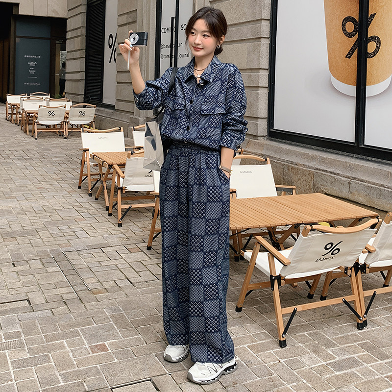 韩版设计感格纹牛仔套装女2025春秋新款气质显瘦衬衫阔腿裤两件套,女装套装/套裙,2C112