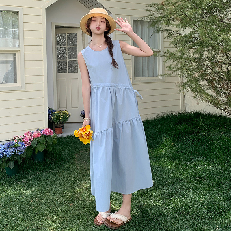 蓝色小清新抽绳无袖连衣裙女2025夏季新款韩系宽松小个子a字裙潮,女装连衣裙,2C139