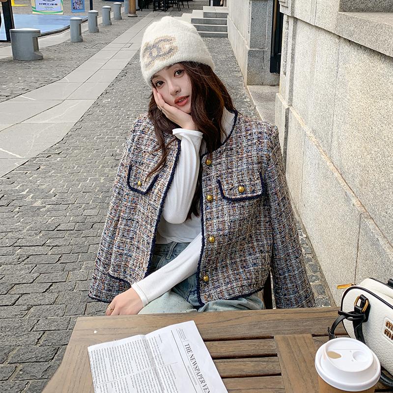 蓝色格子小香风外套女2025秋新款设计感超好看超火气质小个子上衣图片