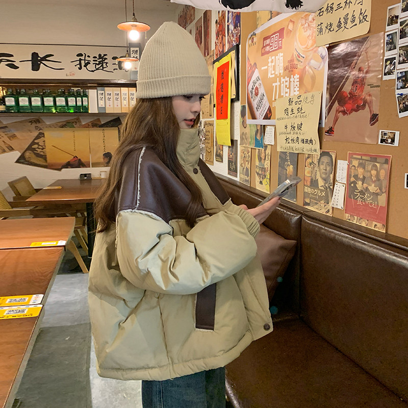 高级感炸街卡其色短款羽绒服女冬2024新款设计感pu拼接白鸭绒外套,女装羽绒服,2C166
