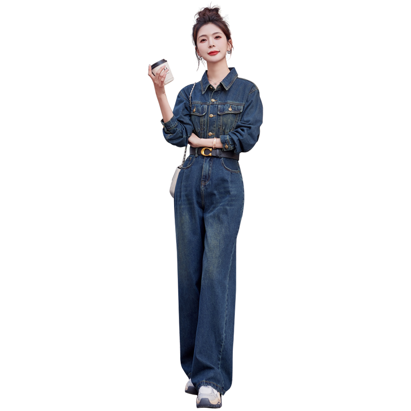 （新款现货）2025春装时尚休闲复古色阔腿裤牛仔连体裤（配腰带）,女装连体裤,1D060