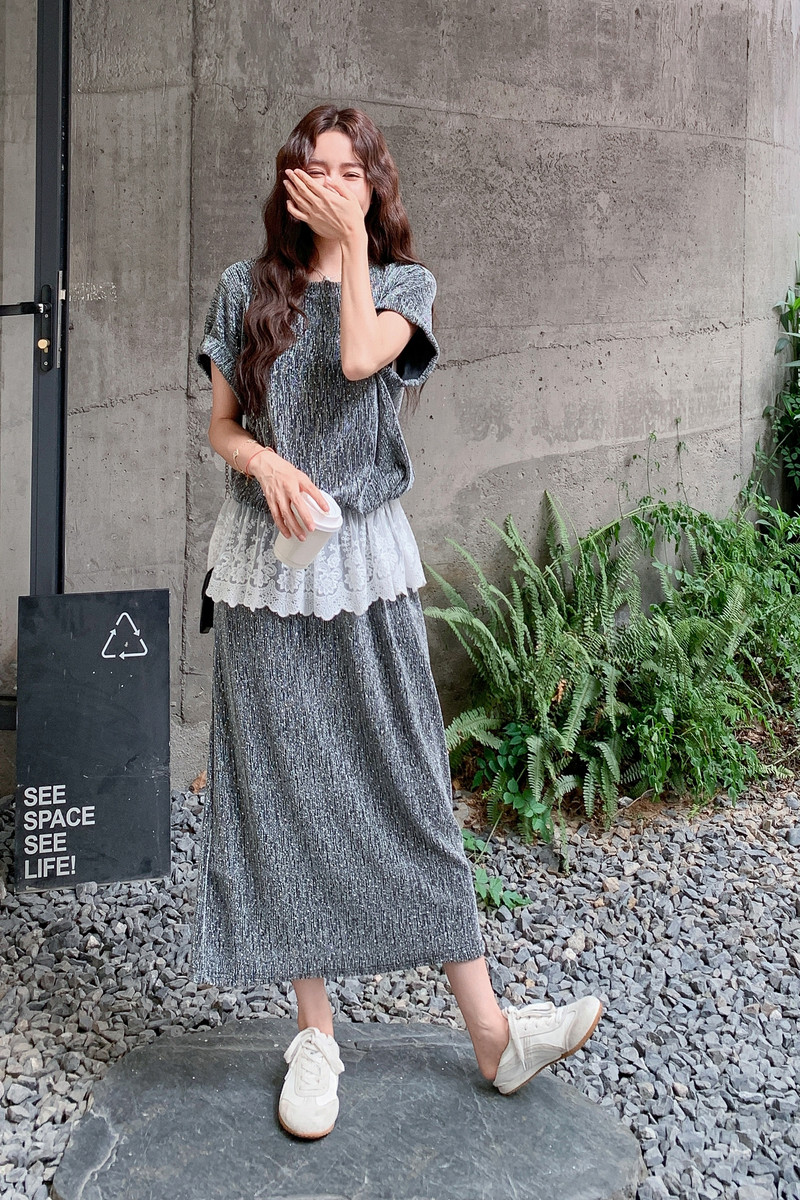 法式蕾丝拼接休闲上衣半身裙两件套女2025年夏季新款休闲显瘦套装,女装套装/套裙,2C275