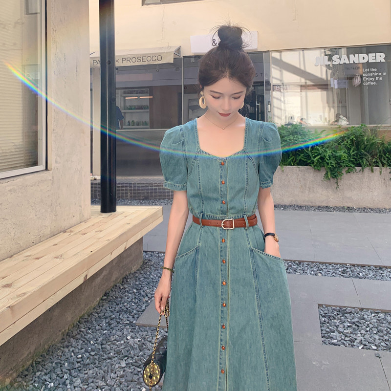 赫本风泡泡袖牛仔连衣裙女夏2024新款法式气质名媛高级感精致爆款,女装连衣裙,2C126