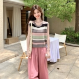 减龄撞色拼接条纹针织衫套装女夏季2025年新款阔腿裤两件套，女装套装/套裙，2C166