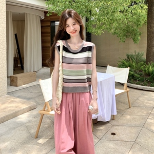 减龄撞色拼接条纹针织衫套装女夏季2025年新款阔腿裤两件套图片