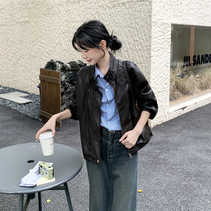 高级感立领咖色短款皮衣外套女春秋2025新款小个子PU夹克百搭超火图片