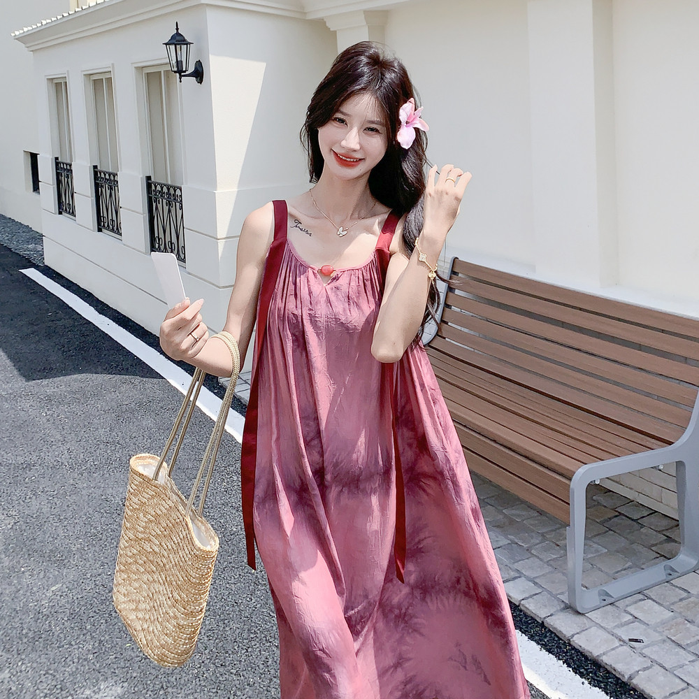 长款汉元素夏季粉色纯欲连衣裙印花长裙吊带水墨仙气夏季春夏古风,女装连衣裙,2C131